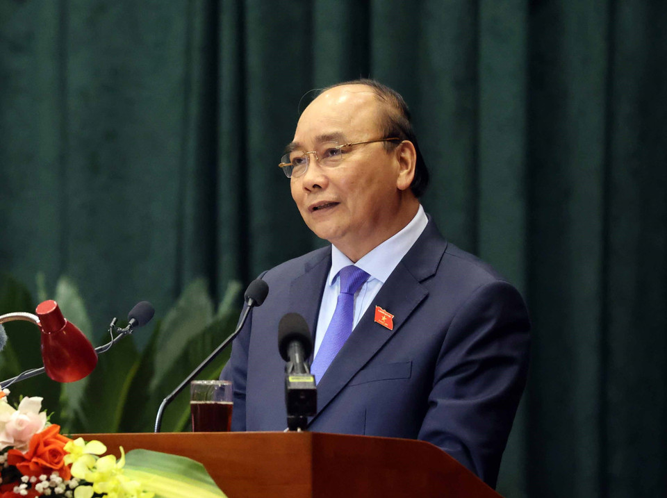 Thủ tướng Nguyễn Xuân Phúc phát biểu tại buổi tiếp xúc. (Ảnh: Thống Nhất/TTXVN)