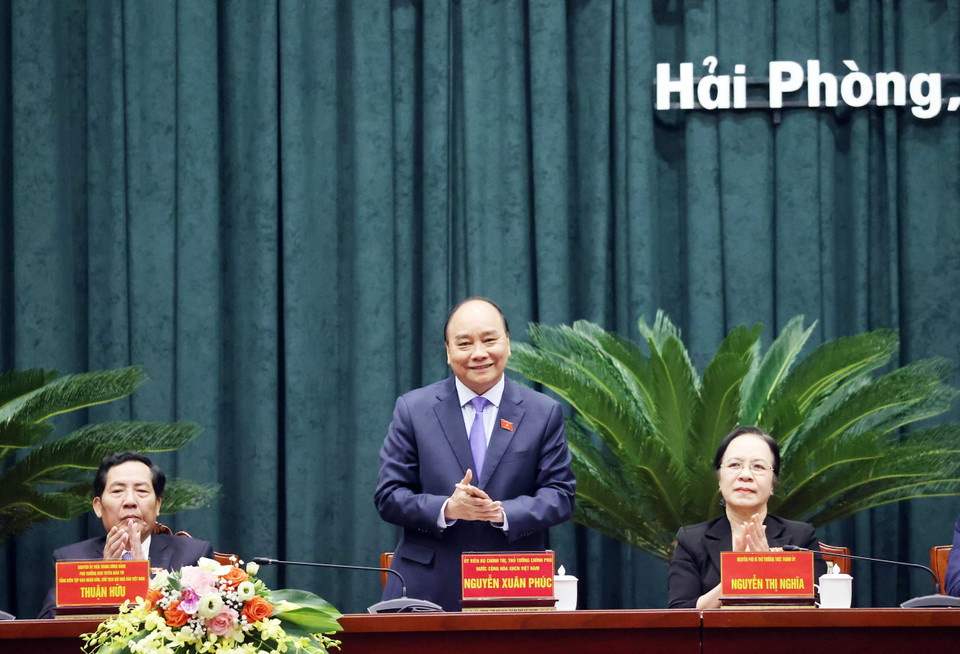 Thủ tướng Nguyễn Xuân Phúc phát biểu tại buổi tiếp xúc. (Ảnh: Thống Nhất/TTXVN)