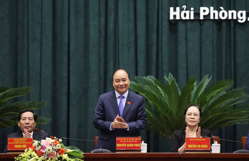 Thủ tướng Nguyễn Xuân Phúc phát biểu tại buổi tiếp xúc. (Ảnh: Thống Nhất/TTXVN)