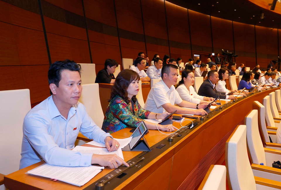 Đoàn đại biểu Quốc hội tỉnh Hà Giang biểu quyết thông qua Luật Nhà ở (sửa đổi). (Ảnh: Doãn Tấn/TTXVN)