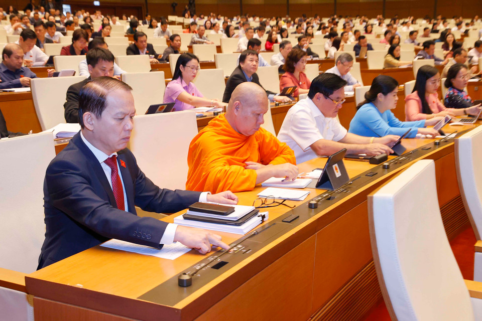 Đoàn đại biểu Quốc hội tỉnh Sóc Trăng biểu quyết thông qua Luật Căn cước. (Ảnh: Doãn Tấn/TTXVN)