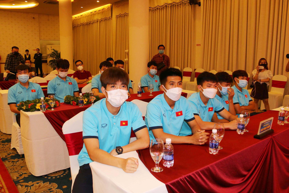 Các tuyển thủ U23 Việt Nam tại buổi gặp mặt. (Ảnh: Thanh Vũ/TTXVN)
