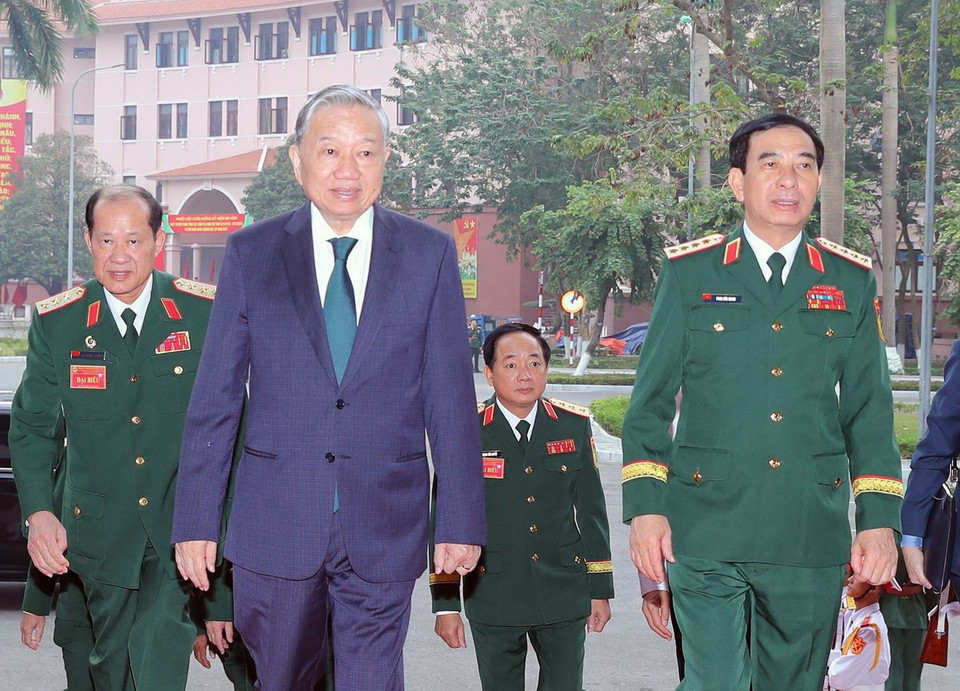 Tổng Bí thư Tô Lâm và các đại biểu đến dự đại hội. (Ảnh: Trọng Đức/TTXVN)