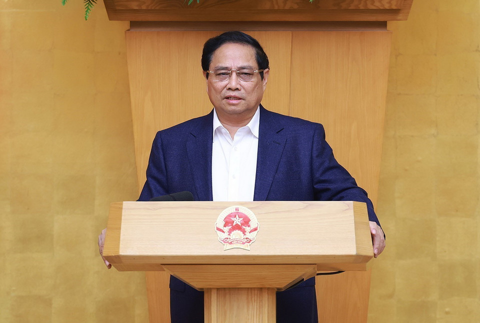 Thủ tướng Phạm Minh Chính, Trưởng Ban Chỉ đạo chủ trì Hội nghị của Chính phủ quán triệt, triển khai Tổng kết việc thực hiện Nghị quyết số 18-NQ/TW. (Ảnh: Dương Giang/TTXVN)