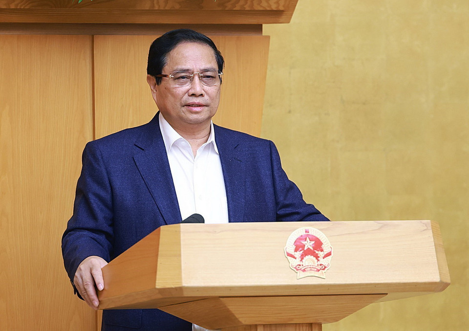 Thủ tướng Phạm Minh Chính, Trưởng Ban Chỉ đạo chủ trì Hội nghị của Chính phủ quán triệt, triển khai Tổng kết việc thực hiện Nghị quyết số 18-NQ/TW. (Ảnh: Dương Giang/TTXVN)