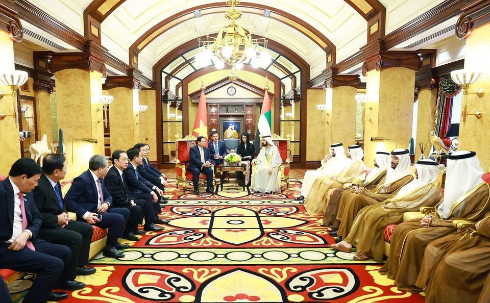 Thủ tướng Phạm Minh Chính hội đàm với Phó Tổng thống, Thủ tướng UAE Sheikh Mohammed bin Rashid Al Maktoum. (Ảnh: Dương Giang/TTXVN)