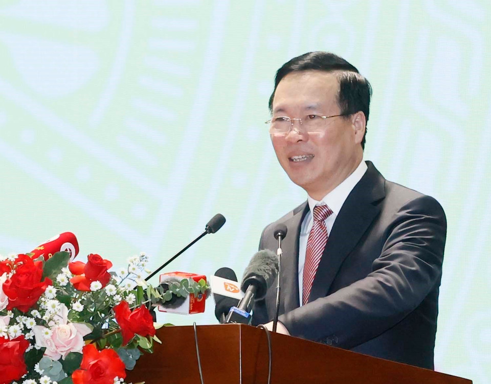 Chủ tịch nước Võ Văn Thưởng phát biểu chỉ đạo tại Hội nghị triển khai nhiệm vụ năm 2024 của Tòa án Nhân dân Tối cao. (Ảnh: Thống Nhất/TTXVN)