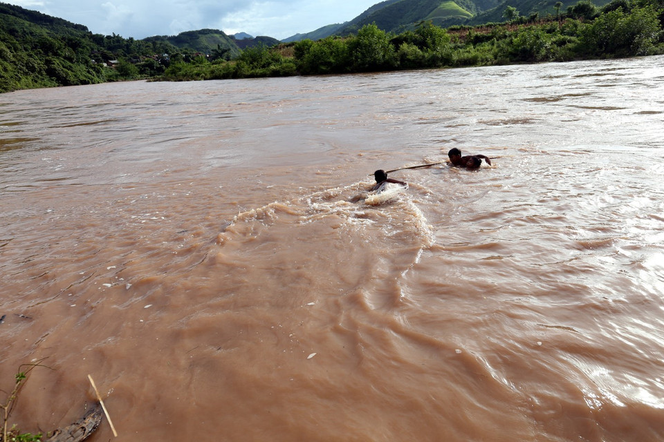 Để vớt được thanh củi to trôi dưới sông có khi phải 3 đứa trẻ mới đưa được vào bờ. (Ảnh: Phan Tuấn Anh/TTXVN)