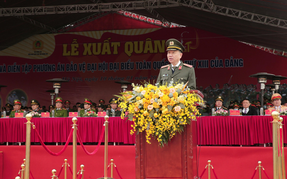 Đại tướng Tô Lâm, Ủy viên Bộ Chính trị, Bí thư Đảng ủy Công an Trung ương, Bộ trưởng Bộ Công an phát biểu. (Ảnh: Doãn Tấn/TTXVN)