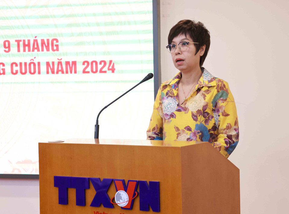 Đồng chí Vũ Việt Trang, Ủy viên Ban Chấp hành Đảng bộ Khối các cơ quan Trung ương, Bí thư Đảng ủy, Tổng giám đốc Thông tấn xã Việt Nam phát biểu kết luận hội nghị. (Ảnh: An Đăng/TTXVN)