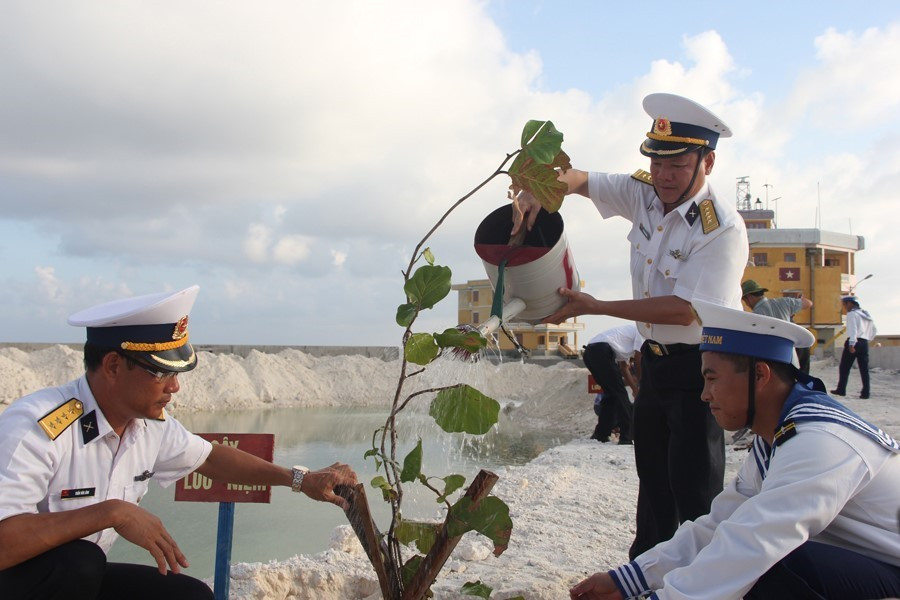  Trồng cây xanh trên đảo Đá Tây A. (Ảnh: Đoàn Hữu Trung/TTXVN)