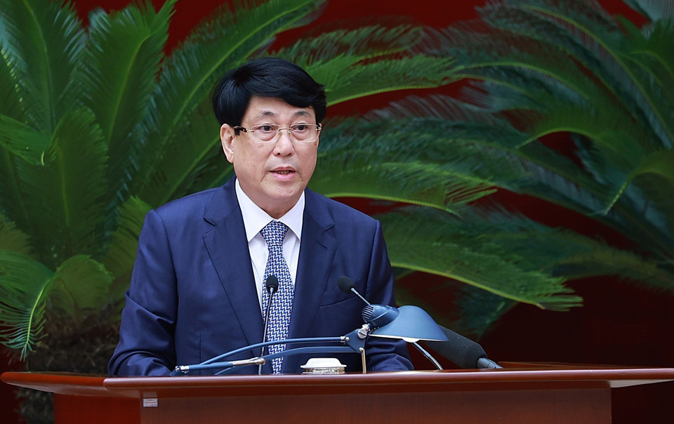 Ủy viên Bộ Chính trị, Thường trực Ban Bí thư Lương Cường phát biểu. (Ảnh: Dương Giang/TTXVN)