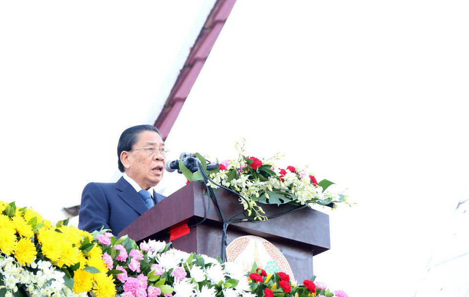 Tổng Bí thư, Chủ tịch nước Chummaly Sayasone đang phát biểu tại buổi lễ. (Ảnh: Phạm Kiên/Vietnam+)