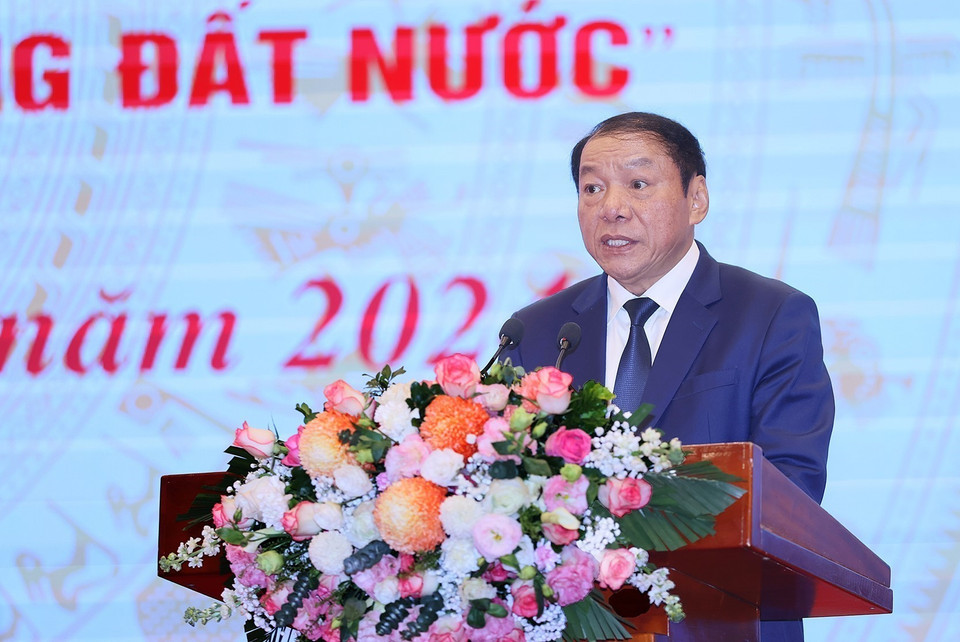 Bộ trưởng Bộ Văn hóa, Thể thao và Du lịch Nguyễn Văn Hùng khai mạc hội nghị. (Ảnh: Dương Giang/TTXVN)