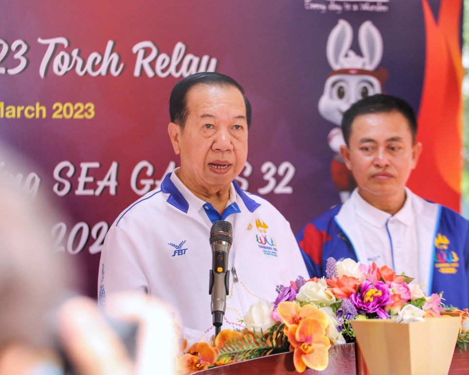 Ngài Hor Sarun, Quốc vụ Khanh Bộ Thể thao Campuchia kiêm Đặc Phái viên Ban Tổ chức SEA Games 32 phát biểu. (Ảnh: Tuấn Đức/TTXVN)