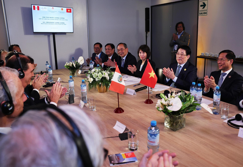 Chủ tịch nước Lương Cường gặp lãnh đạo một số doanh nghiệp tiêu biểu Peru. (Ảnh: Lâm Khánh/TTXVN)