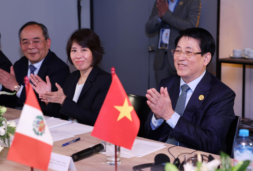 Chủ tịch nước Lương Cường gặp lãnh đạo một số doanh nghiệp tiêu biểu Peru. (Ảnh: Lâm Khánh/TTXVN)