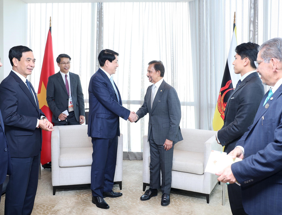 Chủ tịch nước Lương Cường gặp Quốc vương Brunei Hassanal Bolkiah. (Ảnh: Lâm Khánh/TTXVN)