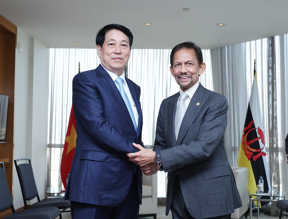 Chủ tịch nước Lương Cường gặp Quốc vương Brunei Hassanal Bolkiah. (Ảnh: Lâm Khánh/TTXVN)