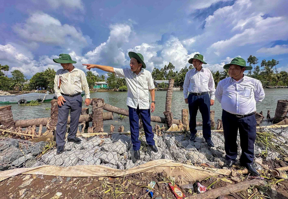 Lãnh đạo Ủy ban Nhân dân Thành phố Cần Thơ kiểm tra điểm sạt lở bờ sông Ô Môn, đoạn qua xã Tân Thạnh, huyện Thới Lai, cuối tháng 5/2023. (Ảnh: Thanh Liêm/TTXVN)