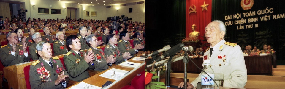 Đại tướng Võ Nguyên Giáp, Chủ tịch Danh dự của Hội Cựu chiến binh Việt Nam phát biểu tại phiên khai mạc Đại hội toàn quốc Hội Cựu chiến binh Việt Nam lần thứ III, từ 26-28/12/2002. (Ảnh: Nhan Sáng/TTXVN)