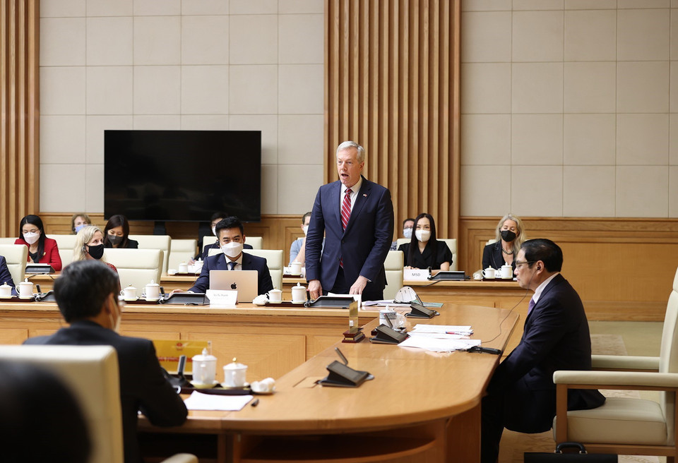 Ông Ted Osius, Chủ tịch kiêm Tổng Giám đốc Hội đồng kinh doanh Hoa Kỳ-ASEAN (USABC) phát biểu. (Ảnh: Dương Giang/TTXVN)