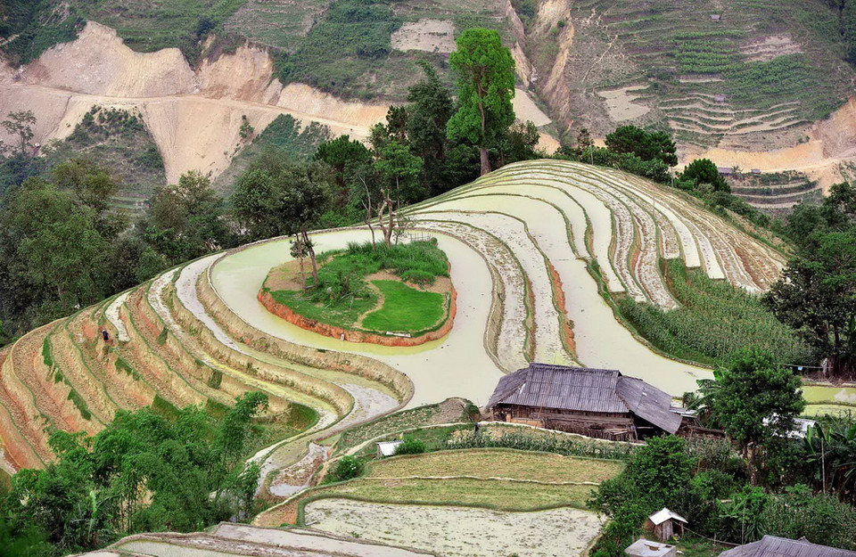 Hình ảnh ruộng bậc thang Bản Phùng khi mùa nước đổ. (Ảnh: Thanh Hà/TTXVN)