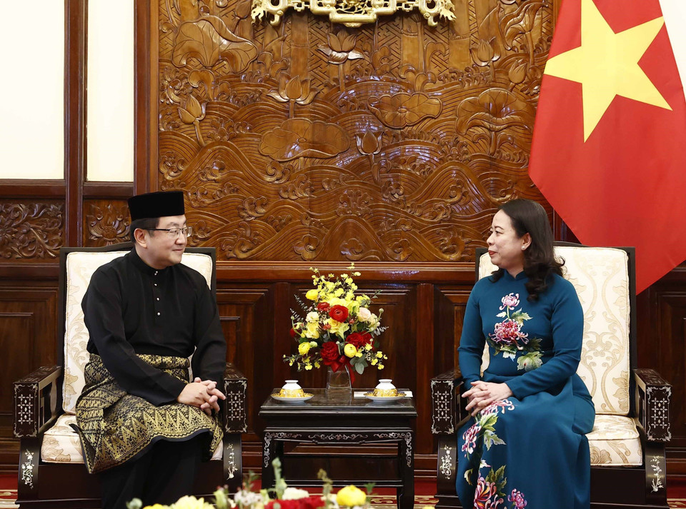 Quyền Chủ tịch nước Võ Thị Ánh Xuân tiếp Đại sứ Malaysia Tan Yang Thai. (Ảnh: Thống Nhất/TTXVN)