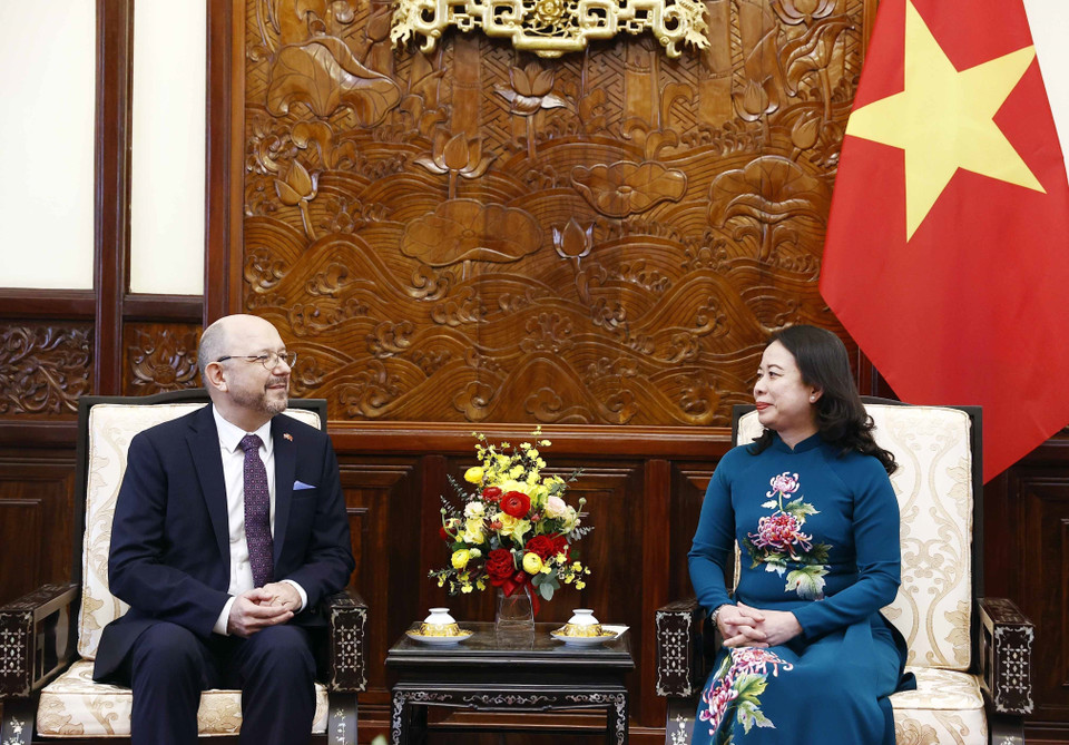 Quyền Chủ tịch nước Võ Thị Ánh Xuân tiếp Đại sứ Thụy Sỹ Thomas Gass tại lễ trình Quốc thư. (Ảnh: Thống Nhất/TTXVN)