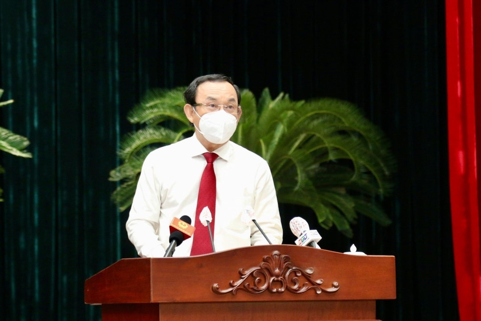 Bí thư Thành ủy Thành phố Hồ Chí Minh Nguyễn Văn Nên phát biểu tại Kỳ họp. (Ảnh: TTXVN phát)