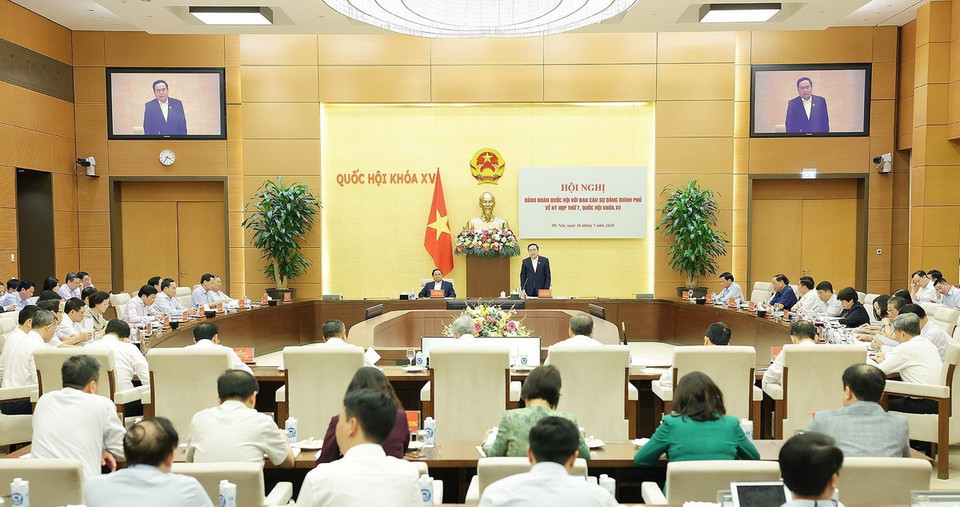 Hội nghị giữa Đảng đoàn Quốc hội và Ban cán sự Đảng Chính phủ về Kỳ họp thứ bảy, Quốc hội khoá XV. (Ảnh: Dương Giang/TTXVN)