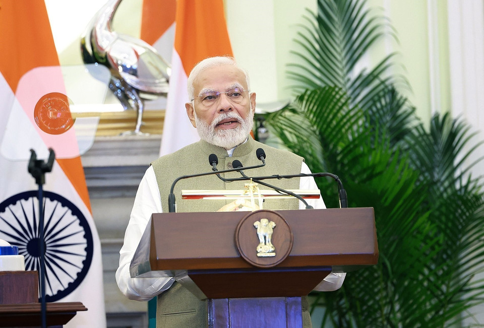 Thủ tướng Ấn Độ Narendra Modi phát biểu trước báo chí hai nước. (Ảnh: Dương Giang/TTXVN)