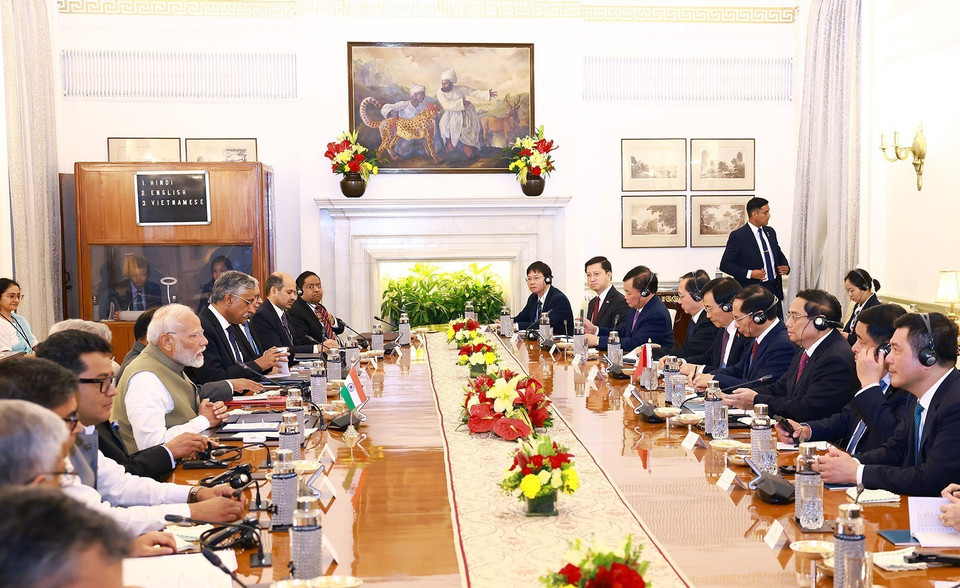 ​Thủ tướng Phạm Minh Chính​ hội đàm với Thủ tướng Ấn Độ Narendra Modi. (Ảnh: Dương Giang/TTXVN)