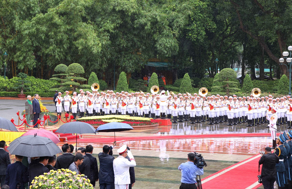 Quang cảnh Lễ đón chính thức Tổng thống Timor-Leste thăm cấp Nhà nước tới Việt Nam. (Ảnh: Văn Điệp/TTXVN)