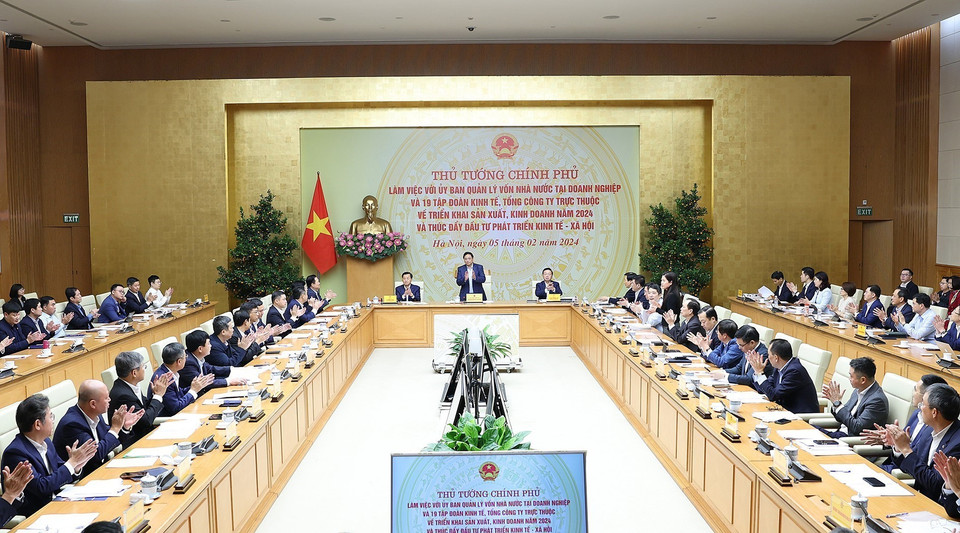 Thủ tướng Phạm Minh Chính làm việc với Ủy ban Quản lý vốn Nhà nước tại doanh nghiệp và 19 tập đoàn, tổng công ty. (Ảnh: Dương Giang/TTXVN)