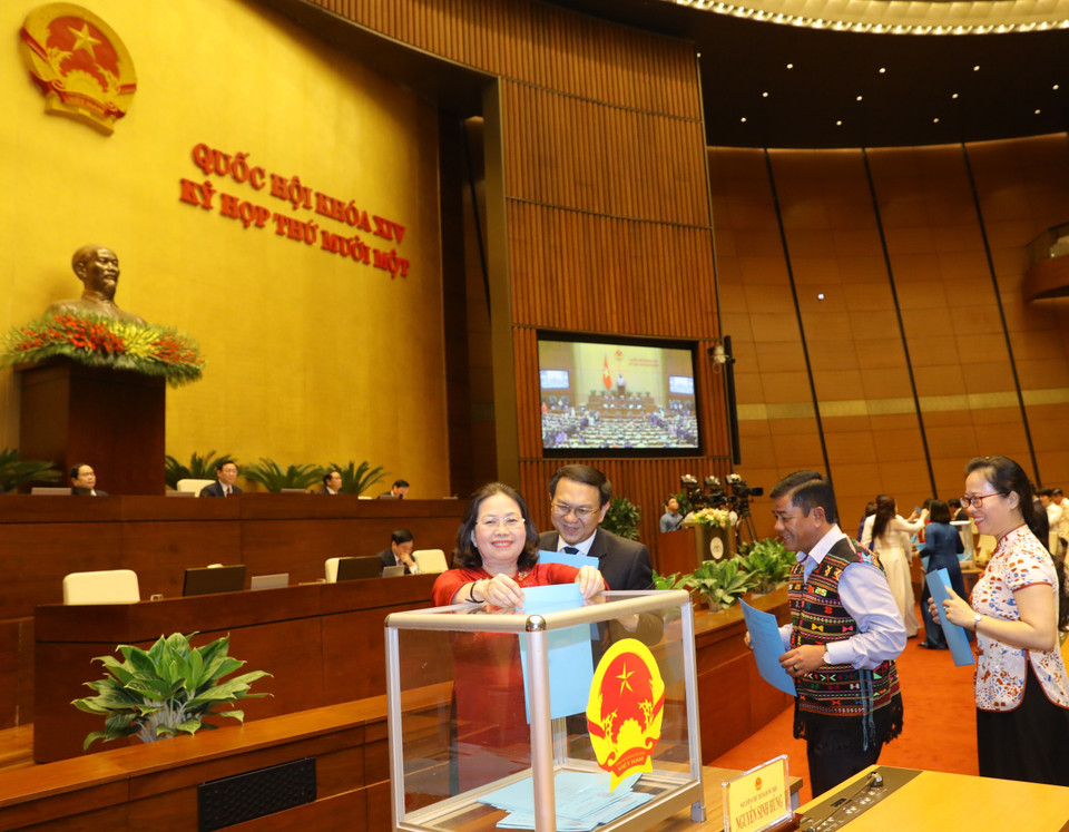 Các đại biểu Quốc hội bỏ phiếu thông qua Nghị quyết phê chuẩn danh sách Phó Chủ tịch và một số Ủy viên Hội đồng Quốc phòng và An ninh. (Ảnh: Văn Điệp/TTXVN)