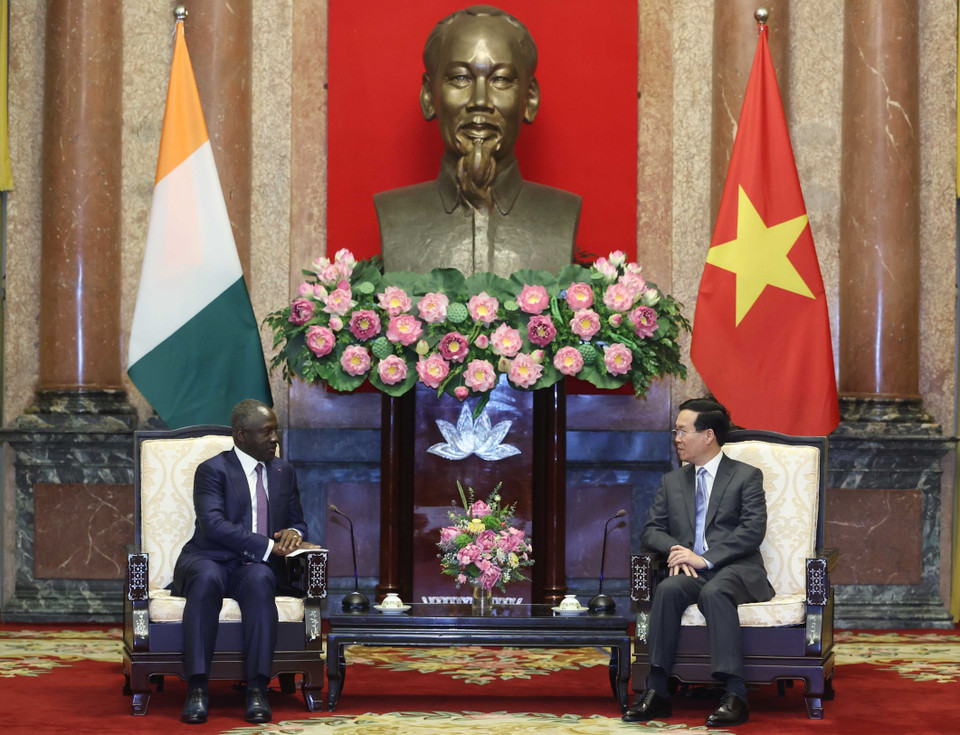  Chủ tịch nước Võ Văn Thưởng tiếp Chủ tịch Quốc hội Bờ Biển Ngà (Côte d'Ivoire) Adama Bictogo. (Ảnh: Thống Nhất/TTXVN)