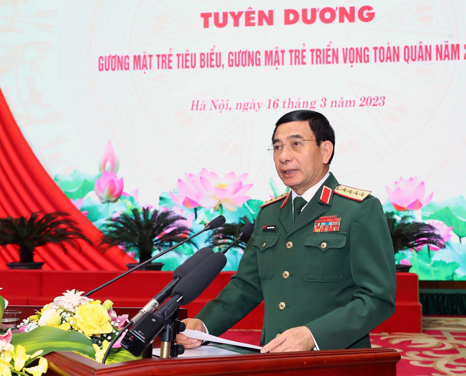 Đại tướng Phan Văn Giang, Bộ trưởng Bộ Quốc phòng phát biểu. (Ảnh: Trọng Đức/TTXVN)