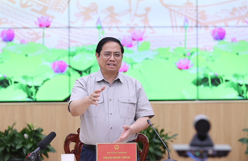 Thủ tướng Phạm Minh Chính phát biểu tại buổi làm việc với lãnh đạo chủ chốt thành phố Cần Thơ. (Ảnh: Dương Giang/TTXVN)