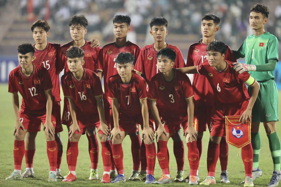 Đội hình ra quân của U17 Việt Nam. (Ảnh: Minh Quyết/TTXVN)