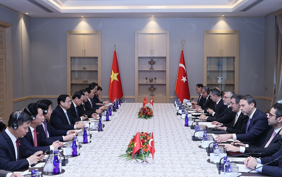 Thủ tướng Phạm Minh Chính hội đàm với Phó Tổng thống Thổ Nhĩ Kỳ Cevdet Yilmaz. (Ảnh: Dương Giang/TTXVN)