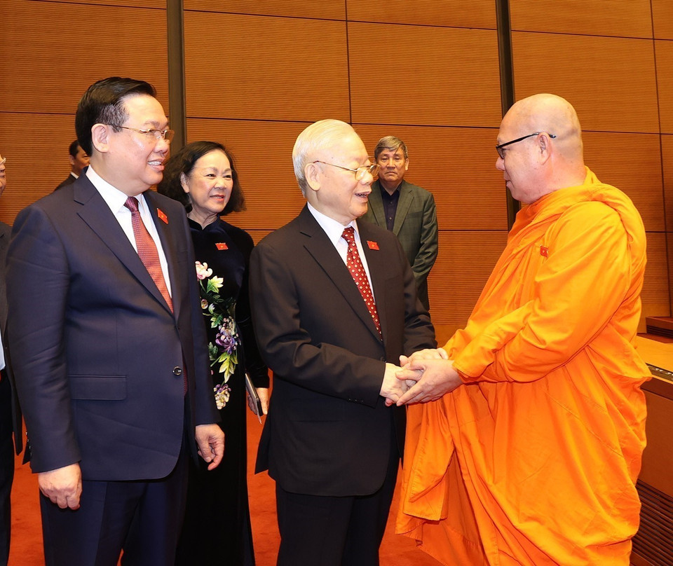Tổng Bí thư Nguyễn Phú Trọng với lãnh đạo Đảng, Nhà nước và đại biểu. (Ảnh: Trí Dũng/TTXVN)