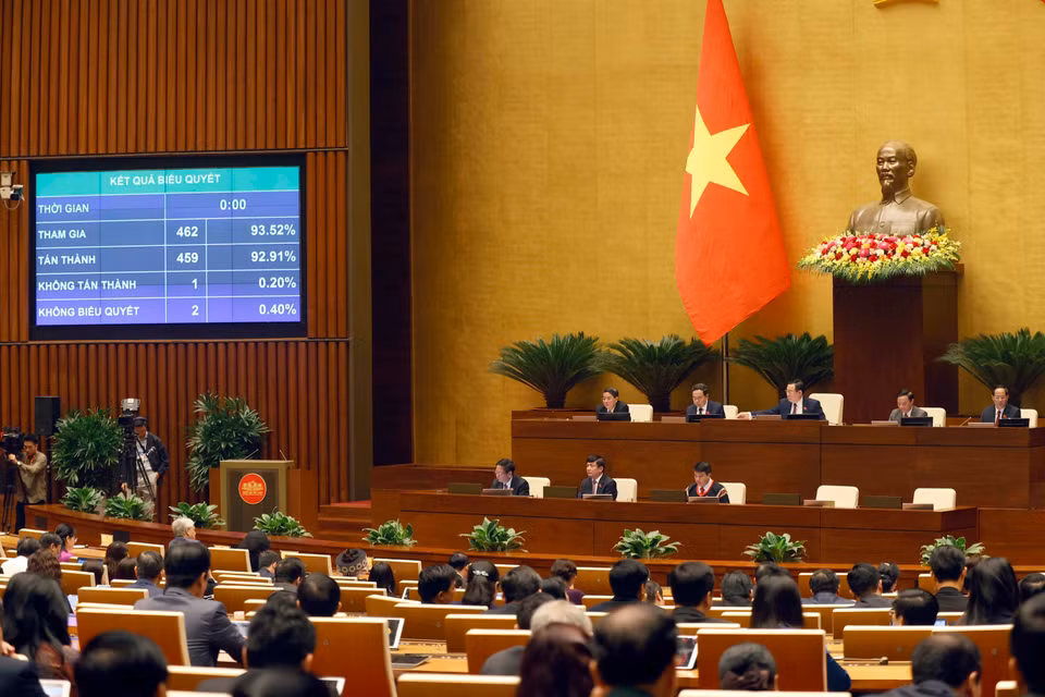 Quốc hội biểu quyết thông qua Nghị quyết về kết quả giám sát chuyên đề việc triển khai thực hiện các Chương trình mục tiêu quốc gia. (Ảnh: Doãn Tấn/TTXVN)