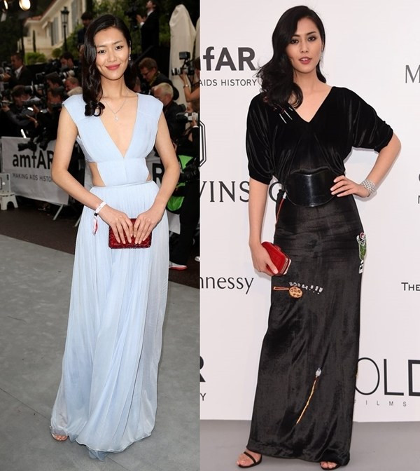 Sau đó Liu Wen xuất hiện trong chiếc đầm khoét eo màu xanh phấn (trái) và đầm nhung đen kết hợp cùng mắt khói (phải). Tuy nhiên, hai thiết kế này (đều của Vionnet) có vẻ hơi 'hiền' và 'an toàn' so với những bộ cánh cắt xẻ táo bạo xuất hiện trong buổi tiệc