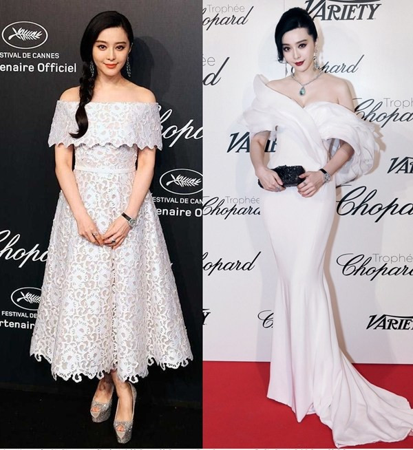 Khi đến dự tiệc của Chopard trong khuôn khổ Liên hoan phim, nữ diễn viên diện 2 chiếc đầm trắng trễ vai đều thuộc bộ sưu tập Haute Couture Xuân Hè 2015 của Ralph&amp;Russo. Nếu như bộ cánh bên trái mang đến hình ảnh nữ tính, nhẹ nhàng thì bộ đầm đuôi cá bên phải lại toát lên vẻ mặn mà, quyến rũ