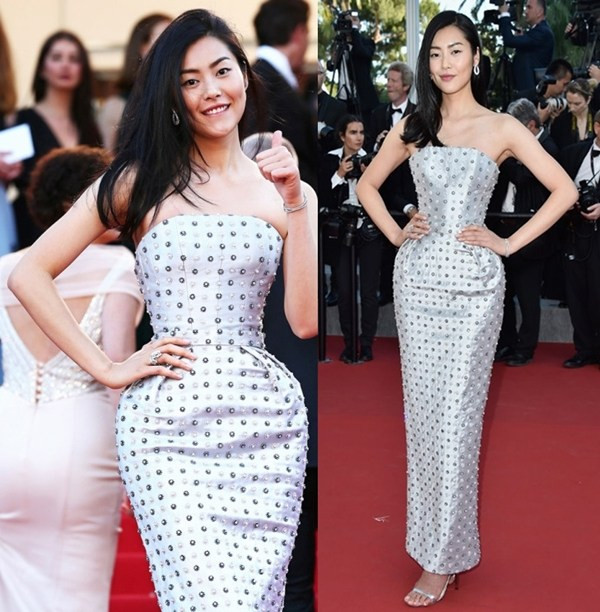 Người mẫu Trung Quốc - Liu Wen khoe dáng 'đồng hồ cát' đáng mơ ước trong thiết kế đầm quây của Ralph&amp;Russo. Không quá cầu kỳ, cô kết hợp tinh tế trang phục với trang sức nhỏ xinh có cùng tông màu của Boucheron