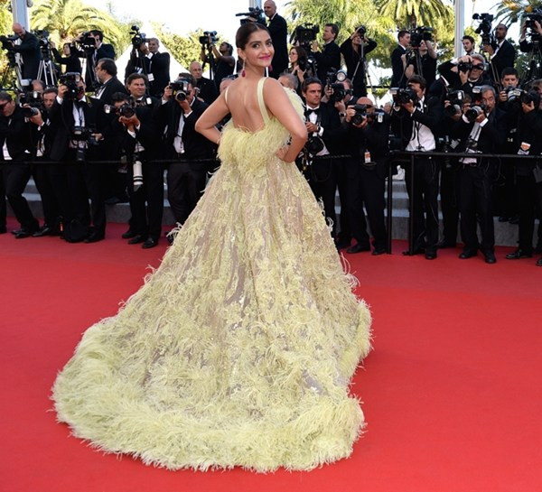 Diễn viên Ấn Độ Sonam Kapoor cũng gây chú ý với chiếc đầm đính lông cầu kì của Elie Saab với tông màu tươi sáng, nhẹ nhàng