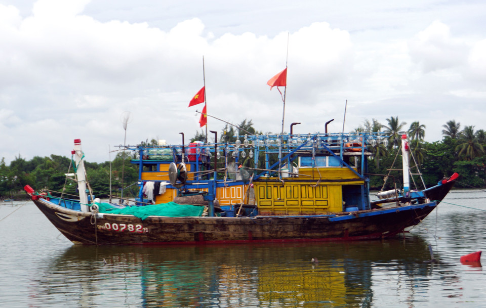 Tàu, thuyền đã được neo, đậu chắc chắn tại Âu thuyền xã Tam Tiến, huyện Núi Thành, Quảng Nam. (Ảnh: Trịnh Bang Nhiệm/TTXVN)