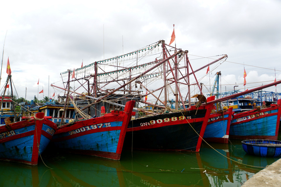 Tàu, thuyền đã được neo, đậu chắc chắn tại Âu thuyền xã Tam Tiến, huyện Núi Thành, Quảng Nam. (Ảnh: Trịnh Bang Nhiệm/TTXVN)