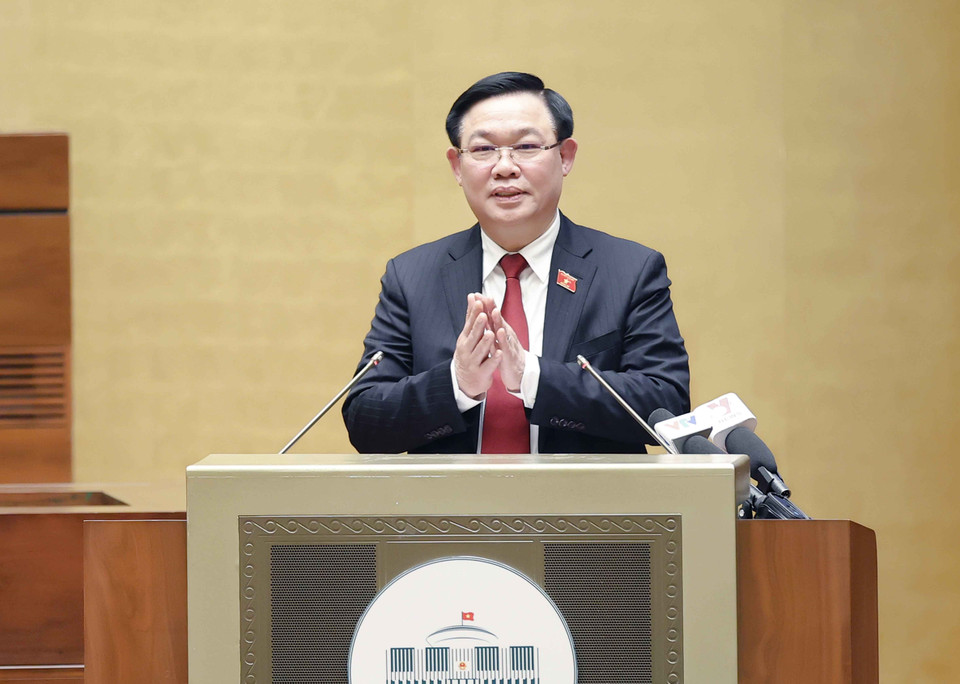 Chủ tịch Quốc hội Vương Đình Huệ phát biểu kết luận Hội nghị. (Ảnh: Doãn Tấn/TTXVN)